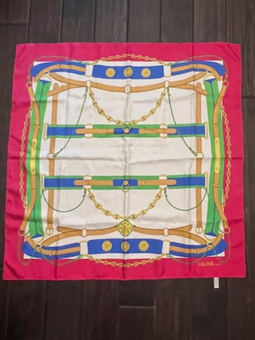 Celine Paris Silk Scarf Equestrian Horse Bit Print Pink Green 34” Square Authen